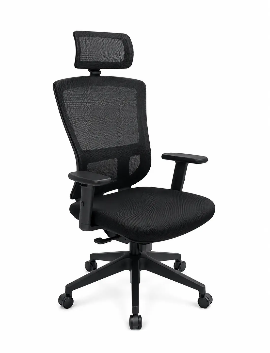 Cadeira ergonómica de malha preta com apoio de cabeça