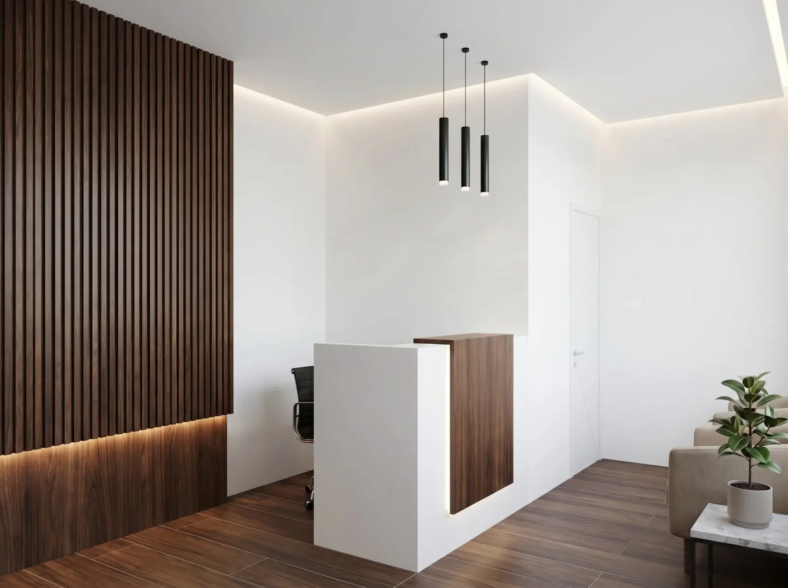 Recepção com painel de madeira ripada, balcão branco e iluminação suspensa